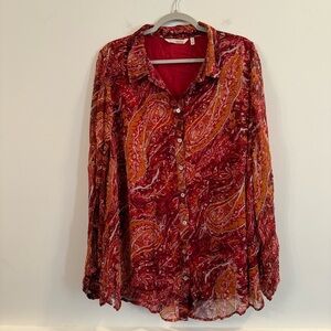 Women’s Soft Surroundings Red and Orange Paisley Button Down Shirt size 1X